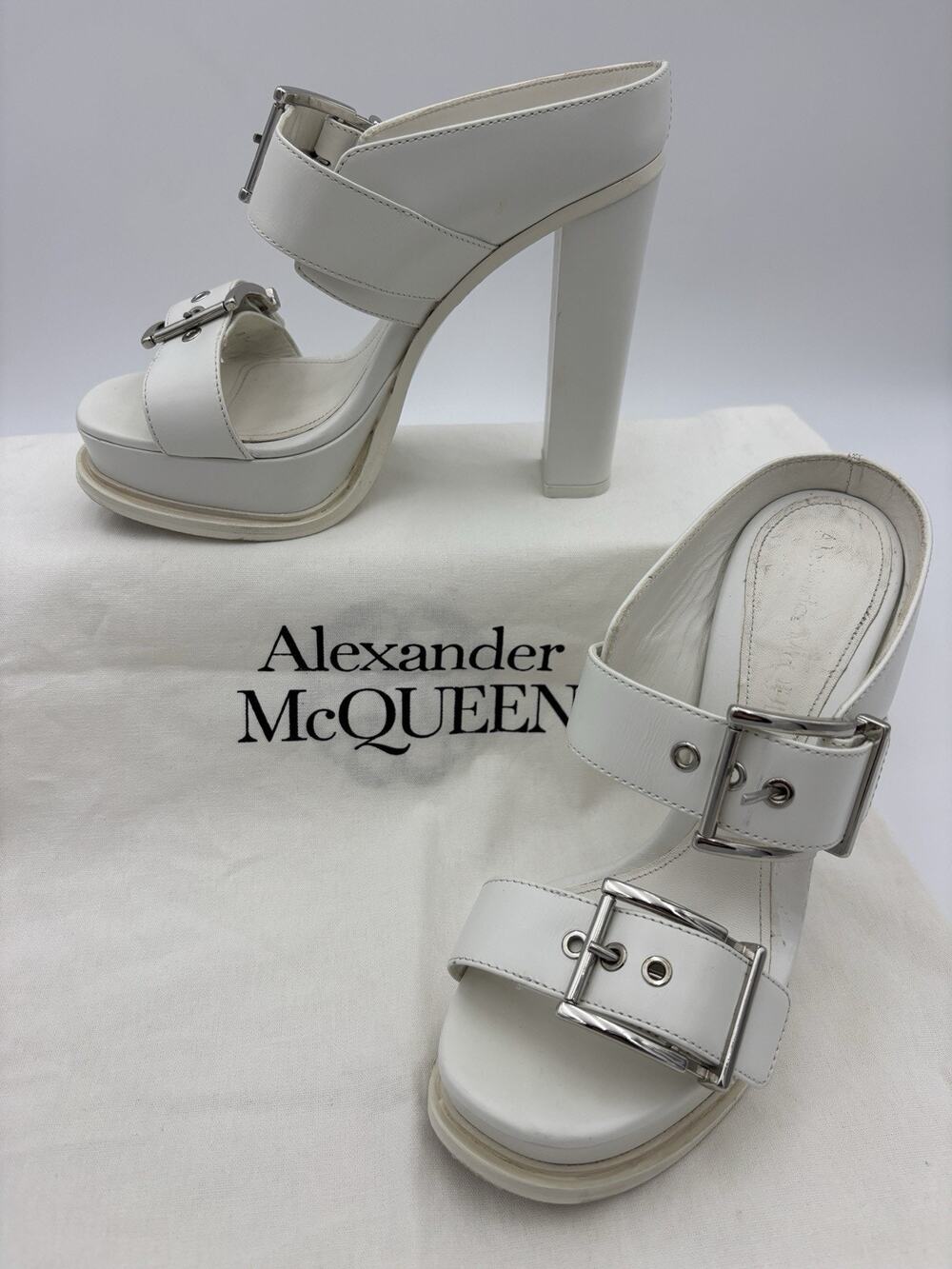 Alexander McQueen Leath Boxcar Platform Sandals White Silver Size 37.5 / 7.5